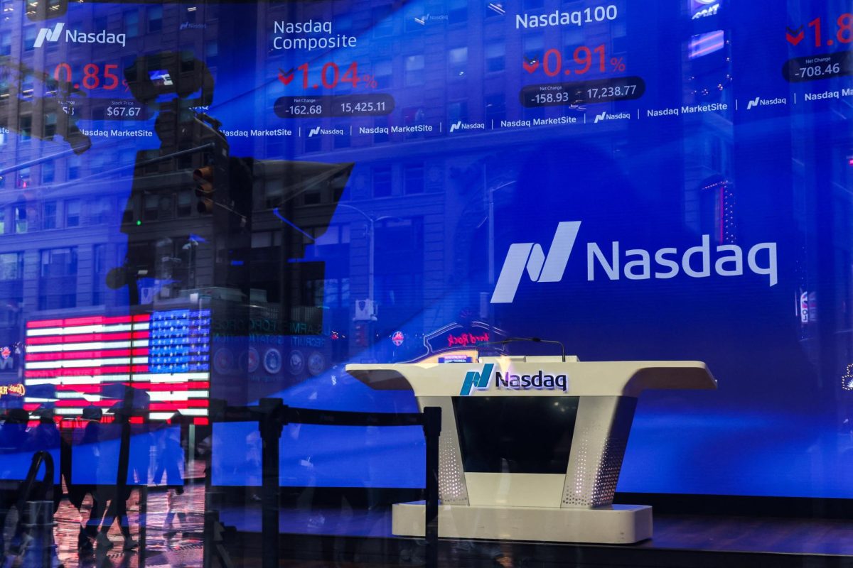 Market data is displayed on a screen inside the Nasdaq stock market site in New York City, U.S., April 7, 2025. REUTERS/Kylie Cooper