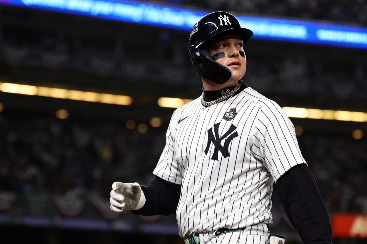New York Yankees outfielder Alex Verdugo reacts after hitting a sacrifice RBI against the Los Angeles Dodgers. Mandatory Credit: Vincent Carchietta-Imagn Images/File photo