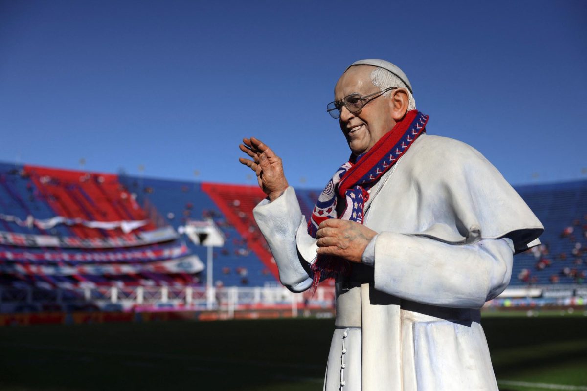 A statue of Pope Francis is pictured on the day of an Argentine first division match between San Lorenzo de Almagro, his hometown soccer team, and Rosario Central, following the death of the pontiff, at the Pedro Bidegain stadium, in Buenos Aires, Argentina, April 26, 2025. REUTERS/Cristina Sille