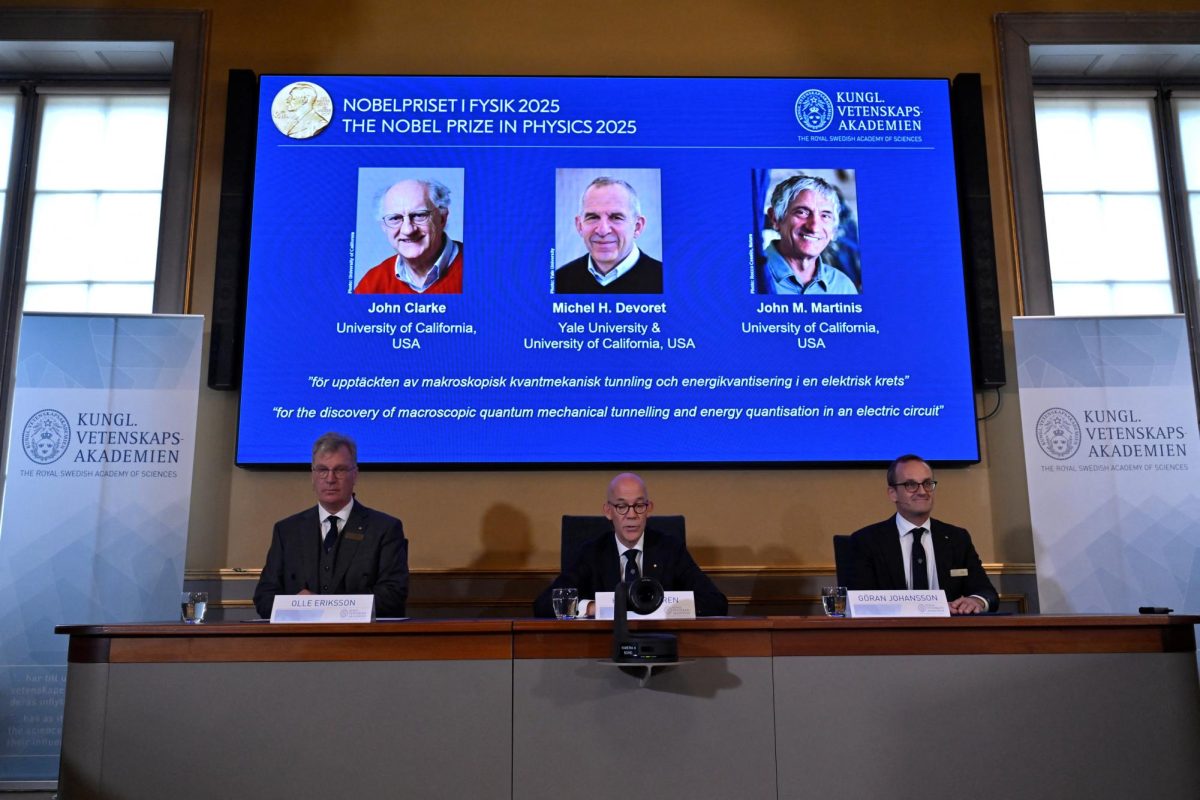 John Clarke, Michel H Devoret and John M. Martinis are announced this year's Nobel Prize winners in Physics, by the Royal Swedish Academy of Sciences at a press conference in Stockhom, Sweden October 7, 2025. TT News Agency/Christine Olsson via REUTERS