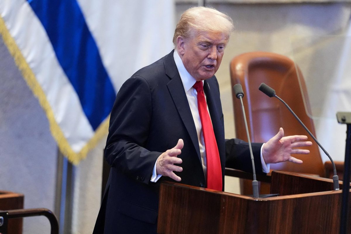 President Donald Trump speaks to the Knesset, Israel's parliament, Monday, Oct. 13, 2025, in Jerusalem.     Evan Vucci/Pool via REUTERS