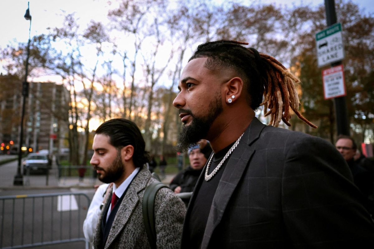 Cleveland Guardians pitcher Emmanuel Clase de la Cruz exits the Brooklyn Federal courthouse, following his arraignment on charges of sports betting and money laundering conspiracy in Major League Baseball games, in Brooklyn, New York, U.S., November 13, 2025.  REUTERS/Brendan McDermid