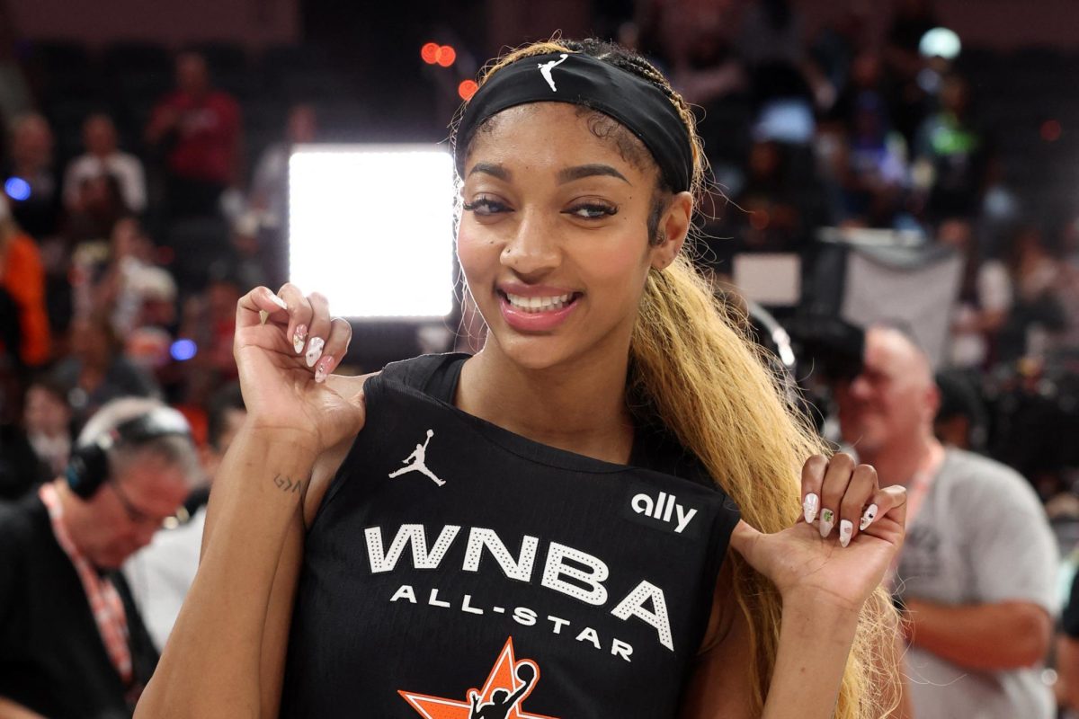 Jul 19, 2025; Indianapolis, IN, USA; Team Collier forward Angel Reese (5) celebrates after defeating Team Clark in the 2025 WNBA All Star Game at Gainbridge Fieldhouse. Mandatory Credit: Trevor Ruszkowski-Imagn Images