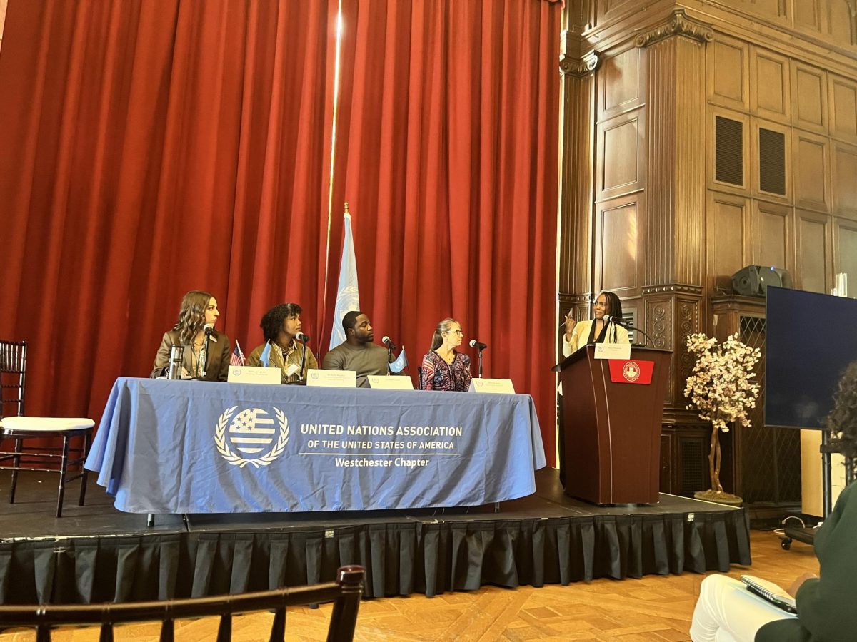 Panelists speaking at UNA-USA Westchester Earth Day May 3 2026 Purchase, NY, U.S