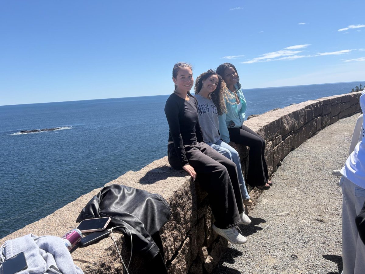 Students on a ledge by the sea at Acadia National Park.